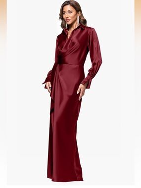 Xscape Burgundy Satin Wrap Maxi Dress
